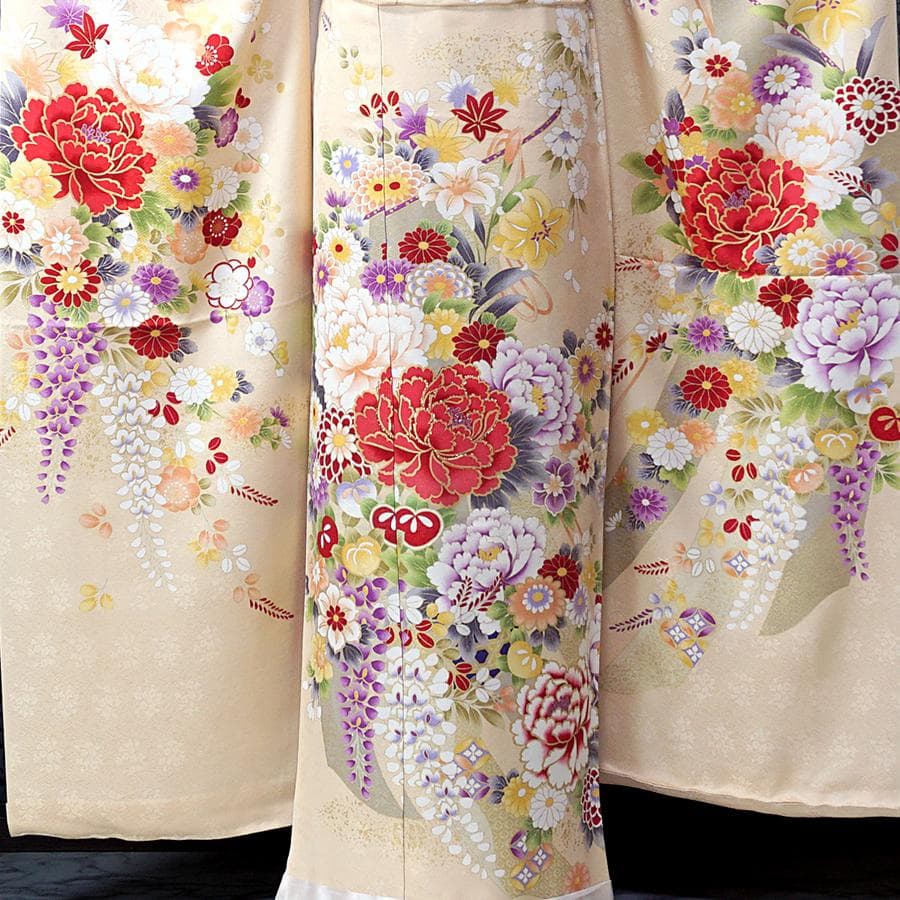 振袖セット オーダー仕立て 鳥の子色 ベージュ　牡丹　古典　成人式