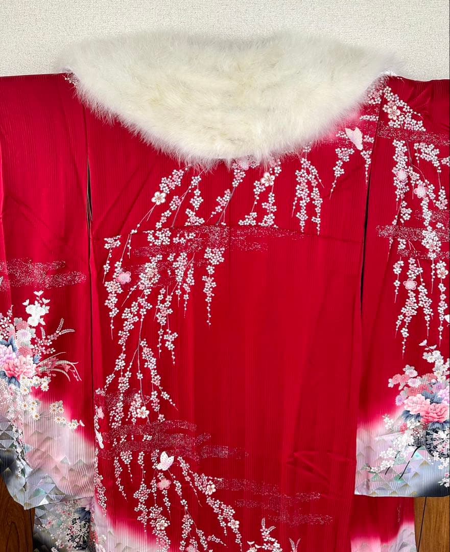振袖一式 杉本幸田郎 振袖+帯3枚+長襦袢2枚 身丈150㌢ 赤 枝垂れ桜 箱付