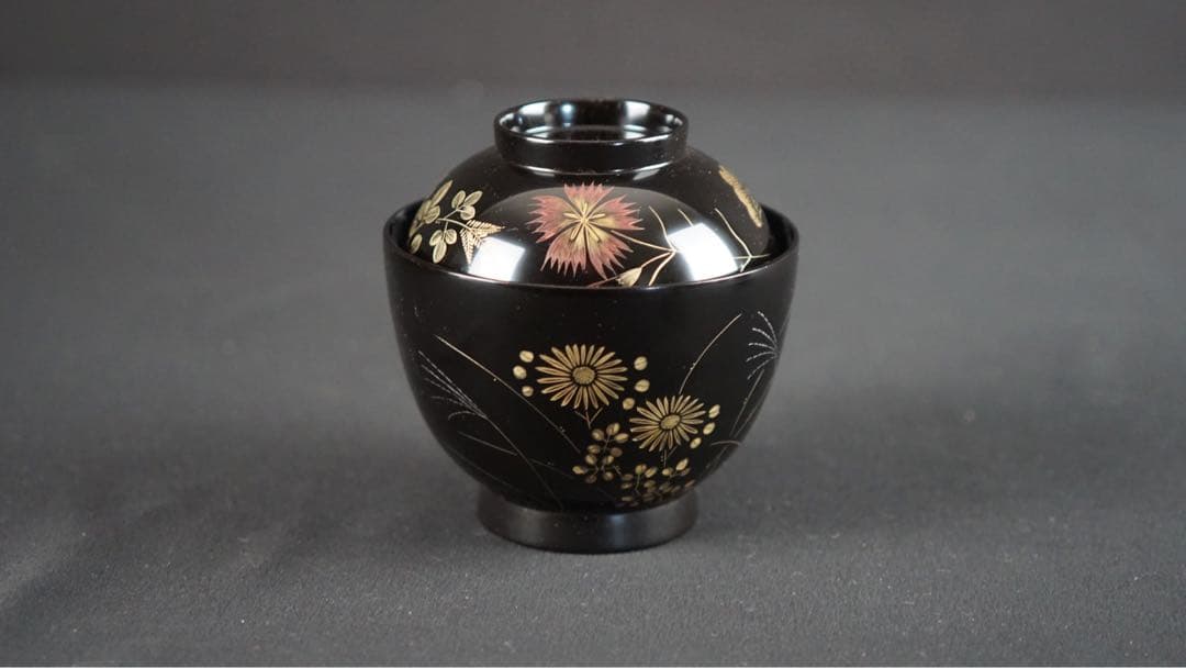 輪島塗 牧野一也 秋草沈金 吸物椀 10客 共箱 未使用 美品