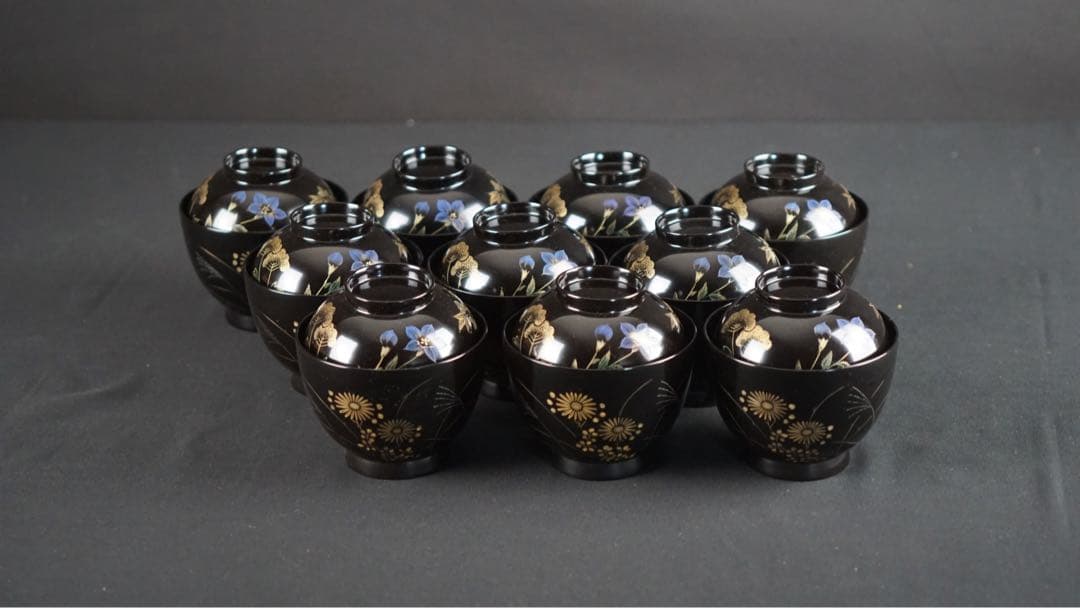 輪島塗 牧野一也 秋草沈金 吸物椀 10客 共箱 未使用 美品