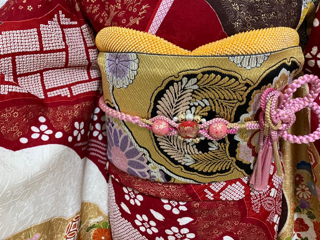 上質！赤の部分絞り正絹振袖 全て揃ったフルセット Mサイズ