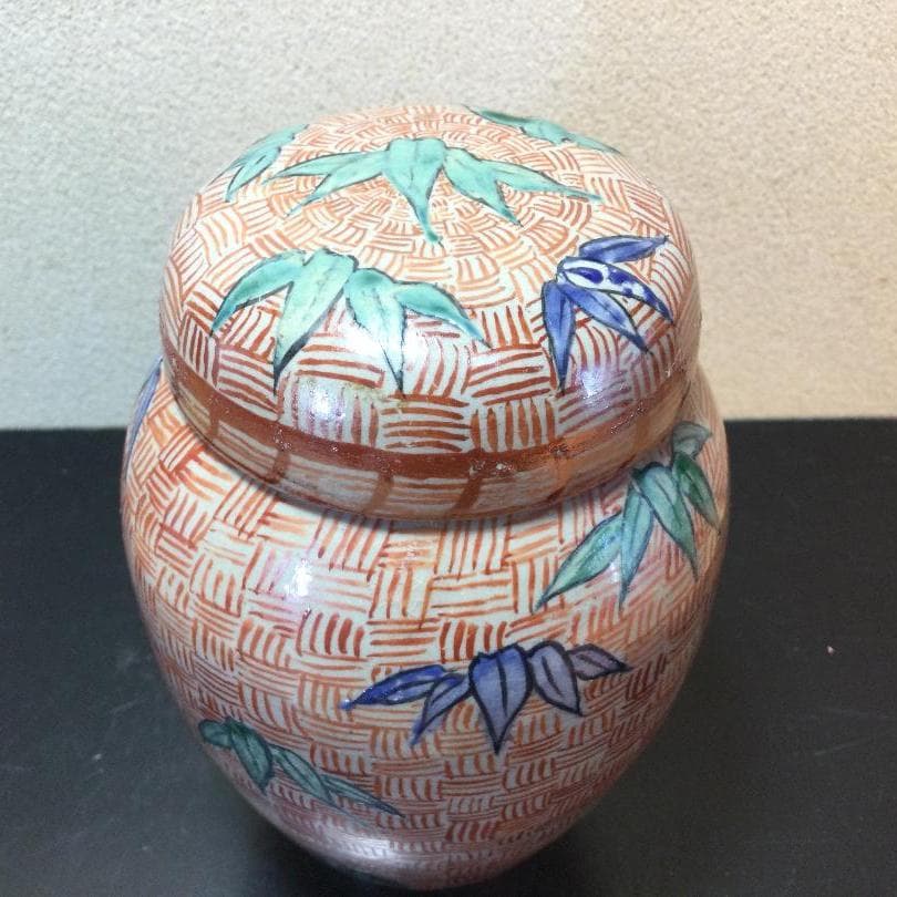 陶芸　手作り陶器　茶壺、赤絵竹図柄