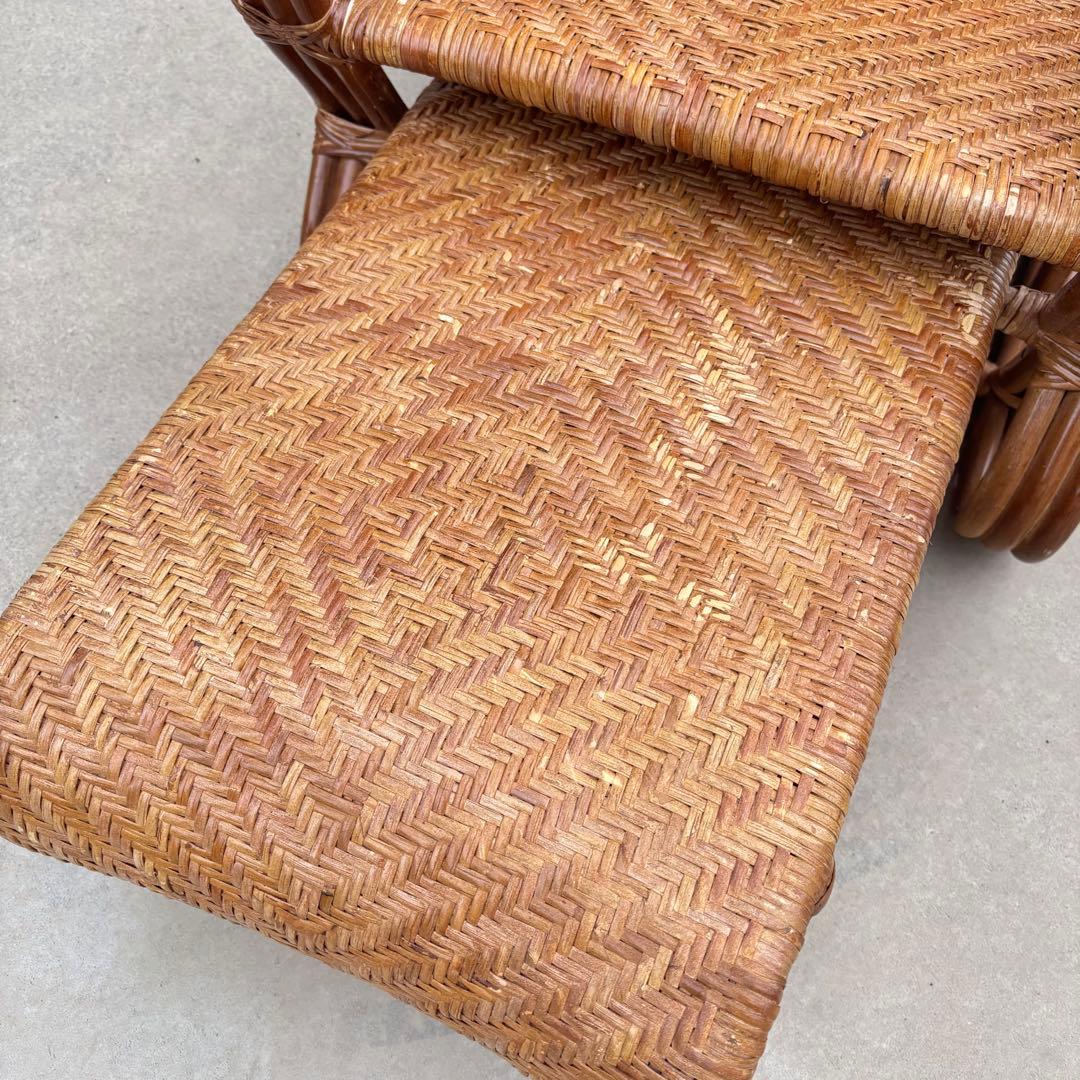 軽量3段リクライニング籐ラタン椅子スライドオットマン マガジンラック付