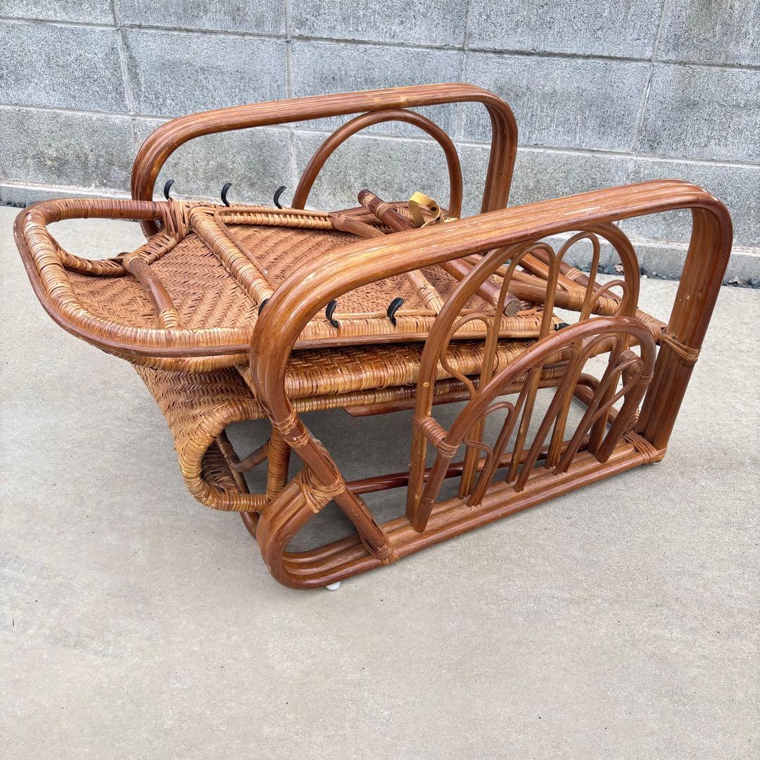 軽量3段リクライニング籐ラタン椅子スライドオットマン マガジンラック付