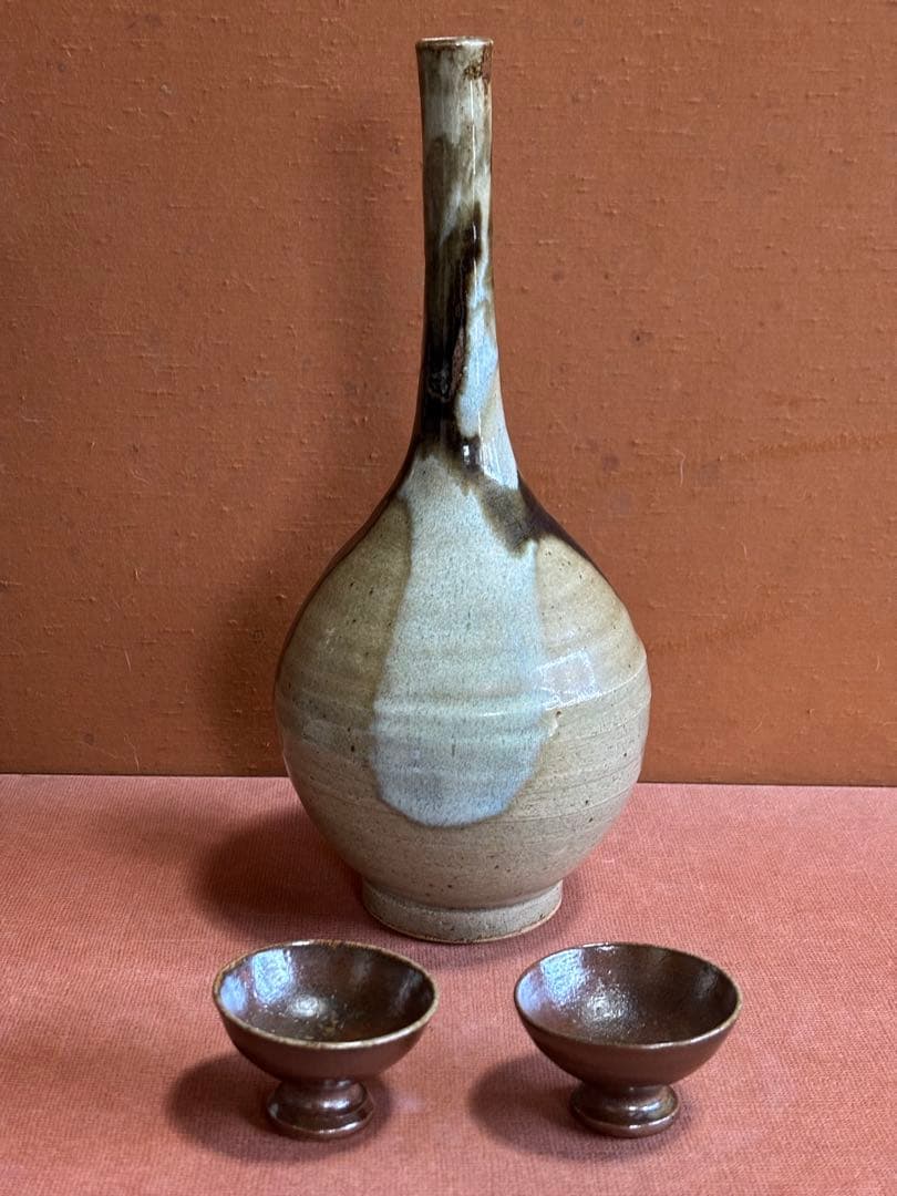 やまちゃん河井寛次郎作柿緑白釉鶴首瓶鉄釉高台盃台二客検森の初春に捧ぐ