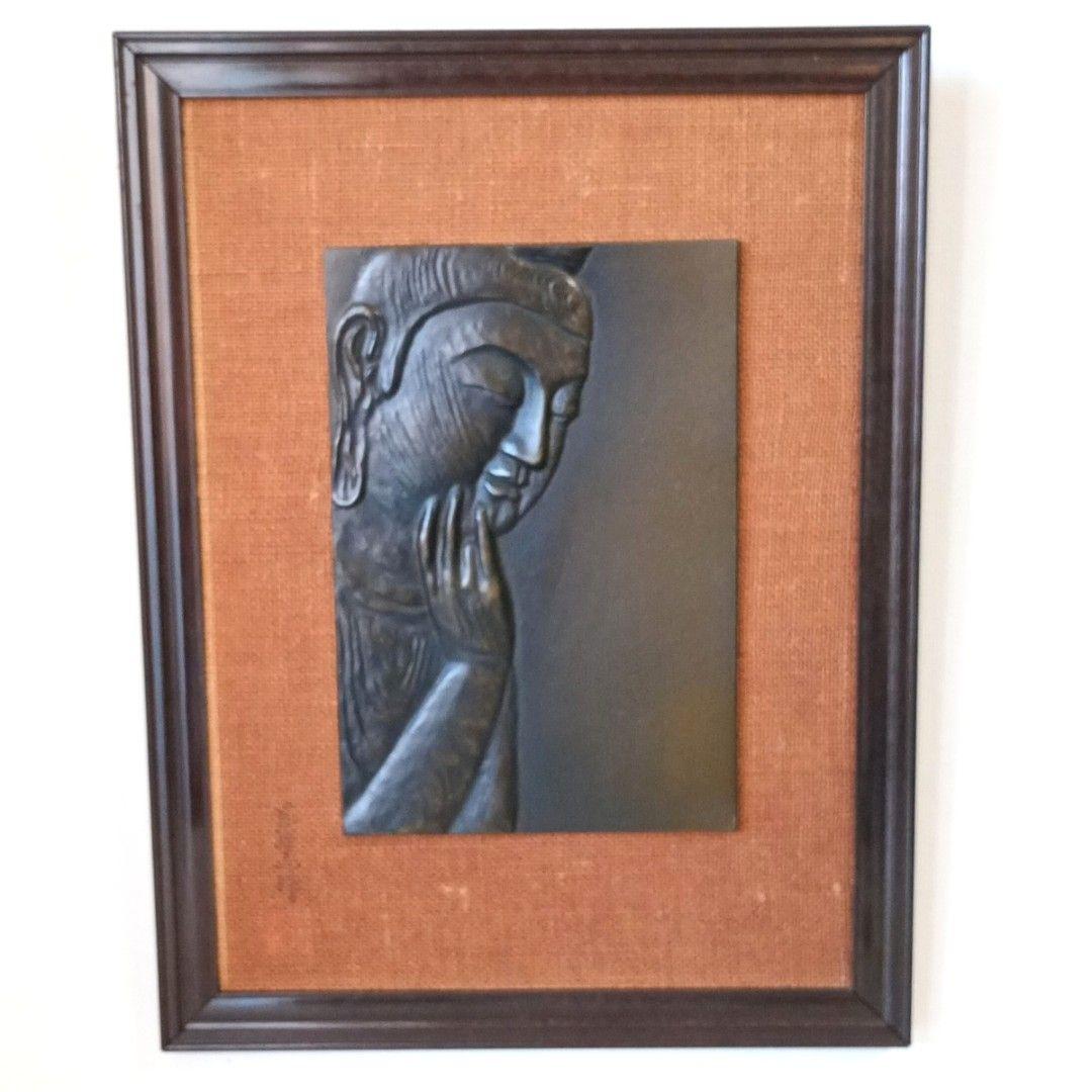 弥勒菩薩 銅板レリーフ 額装 金属仏像 和モダン 癒し インテリア 壁掛け