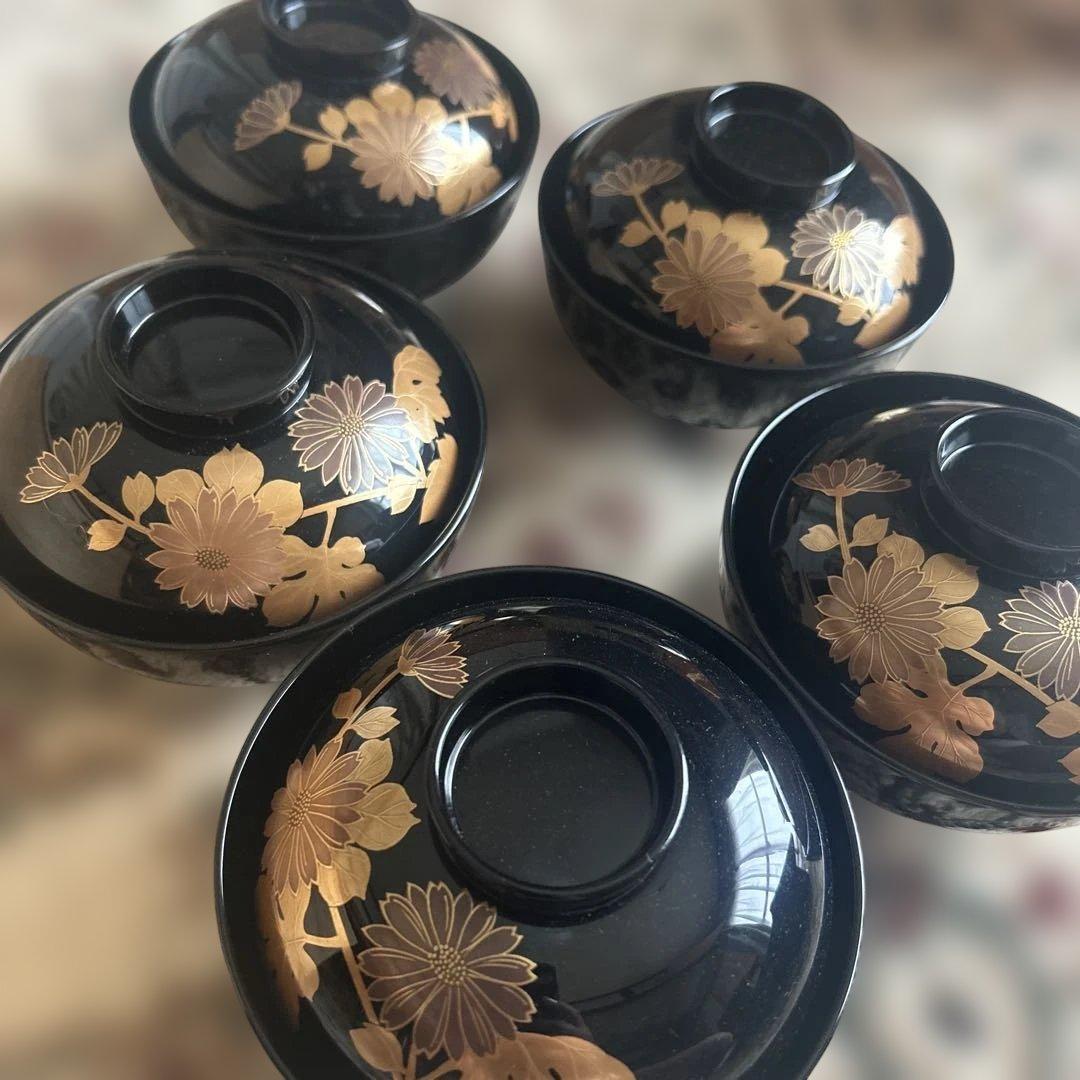 漆器 椀 5個セット 金色花模様