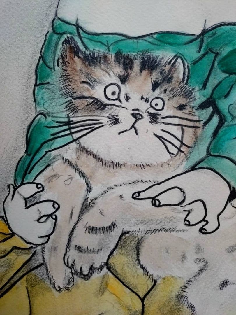 【F6号】藤田嗣治【猫を抱く少女】手描き/サイン・鑑定書有り/鉛筆/ペン/水彩