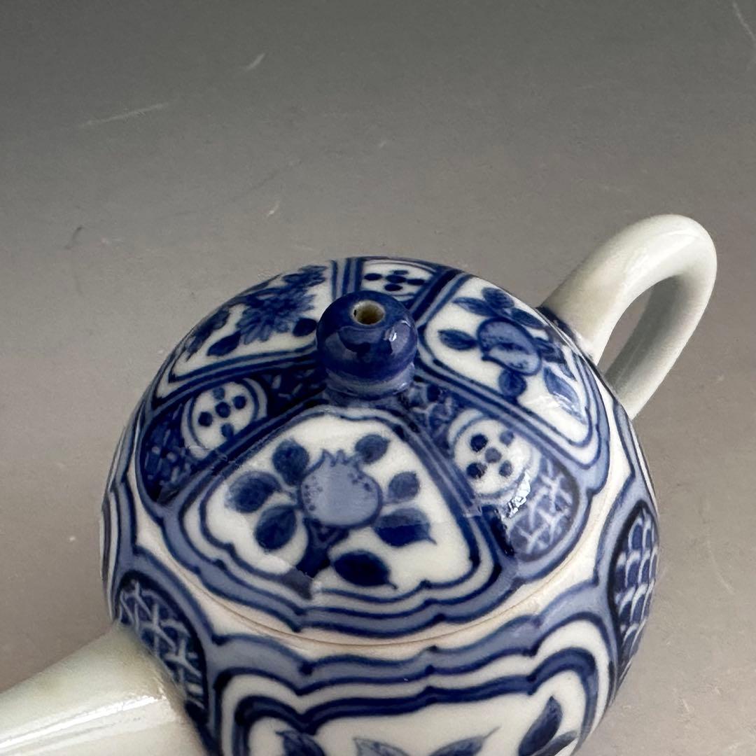 煎茶道具　青華花弁文　茶瓶　急須　初代　三浦竹軒　共箱　染付　京焼　茶器　茶会