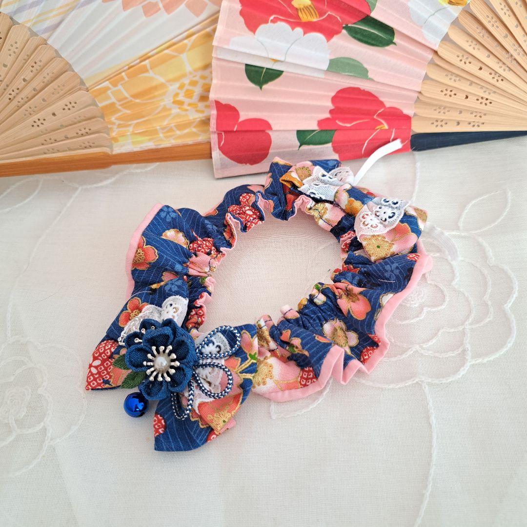 短毛シュシュ和風つまみ細工(青)わんちゃん猫ちゃん用