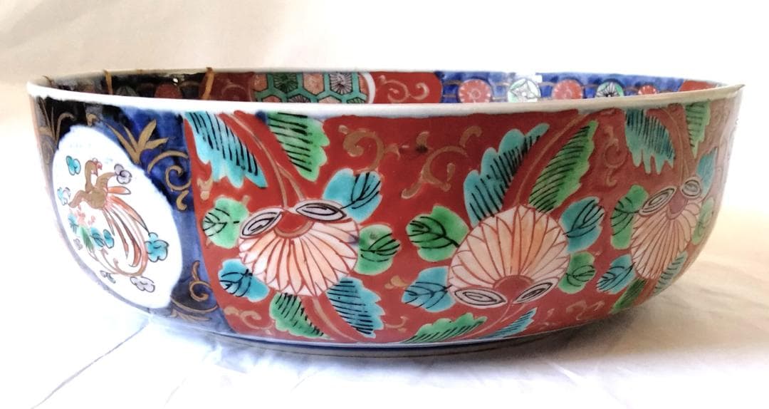陶器 大深鉢(小) 荒波に獅子・牡丹・鳳凰 色絵 二重鉢揃い Ab-319