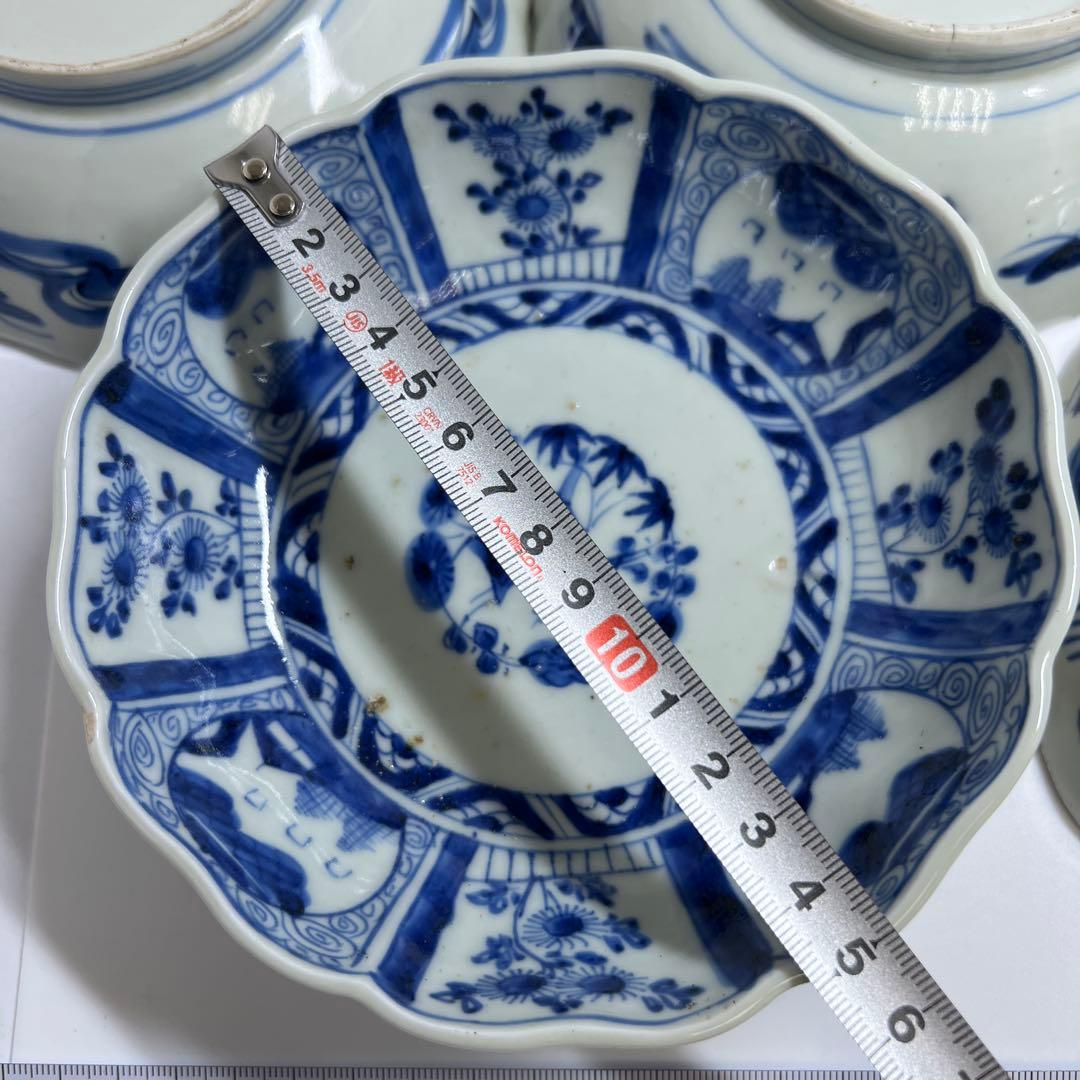 古伊万里　輪花染付膾皿9客　木箱付　幅約15.5㎝　東Y7-0924⑤タサチ