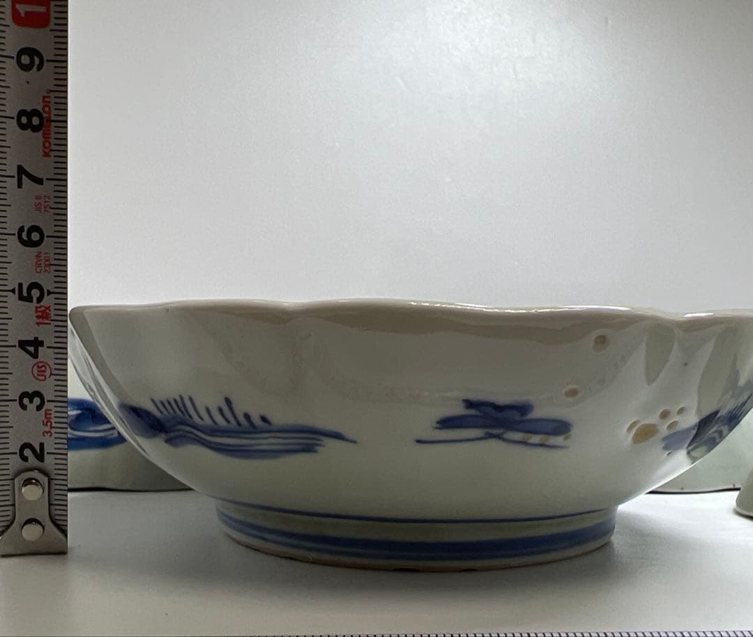 古伊万里　輪花染付膾皿9客　木箱付　幅約15.5㎝　東Y7-0924⑤タサチ