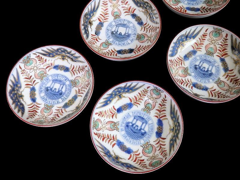 古伊万里　染錦　龍に赤壁の賦図　５枚　250AS-CXr