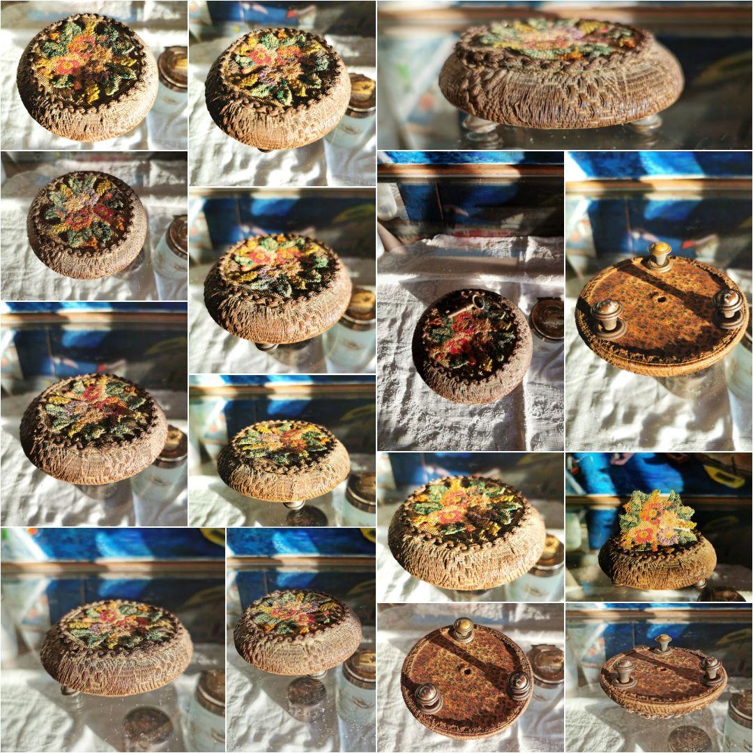 アンティーク 金属スレッド＆ニードルポイントワーク 針山型 木製ディスプレイ台