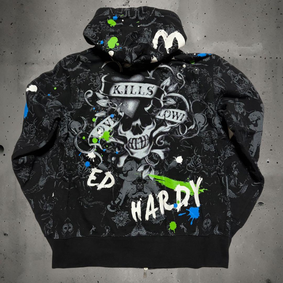 y2k 00s Ed Hardy パーカー 総柄 平成 ギャル グランジ 短丈