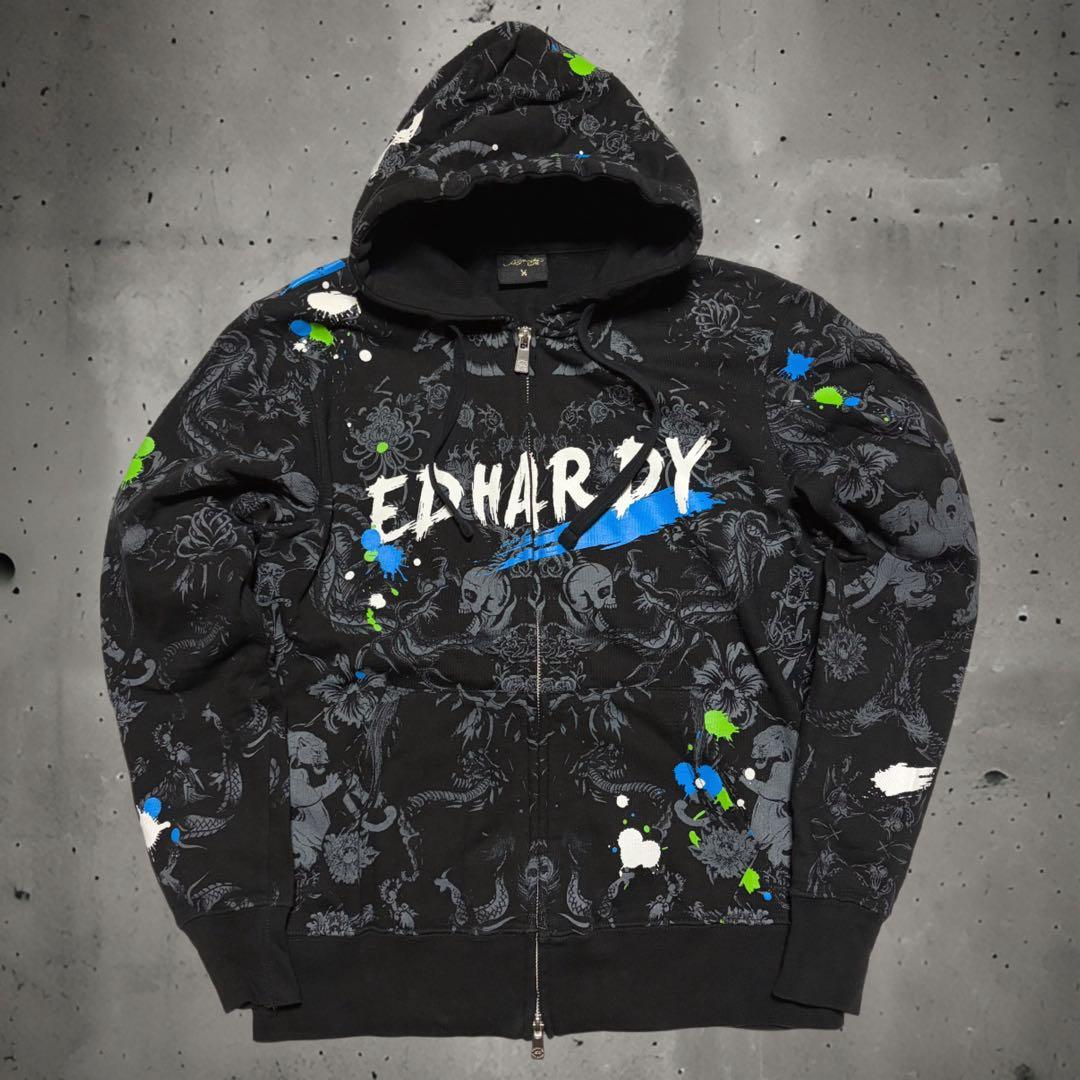 y2k 00s Ed Hardy パーカー 総柄 平成 ギャル グランジ 短丈