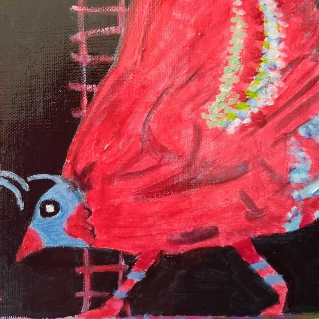 油絵　専用　赤い鳥の家族と赤い花