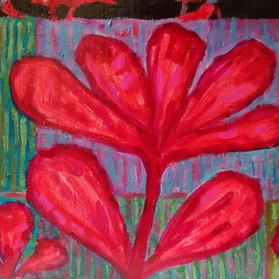 油絵　専用　赤い鳥の家族と赤い花