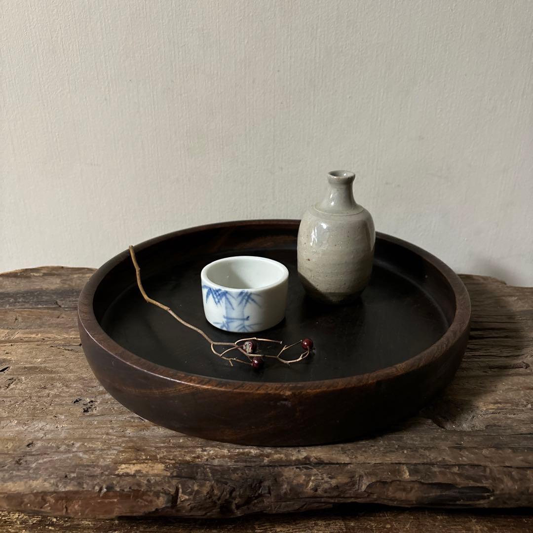 古い木地盆⑨ 丸盆　古民芸　アンティーク　くり抜き盆　酒器　煎茶　骨董　検:李朝