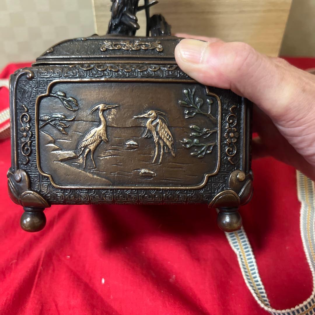 未使用品　蝋型鋳銅香炉 共箱 銅製 鷺花鳥文 供箱