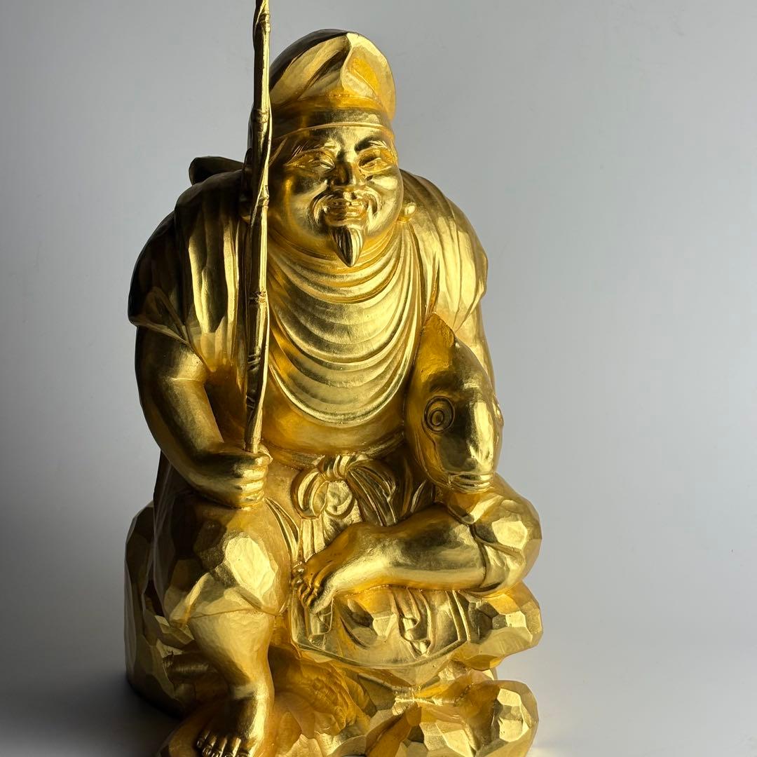 仏師 先崎栄伸 銅ブロンズ 金箔仕上『恵比寿』置物 共箱 定価68万円 仏教美術