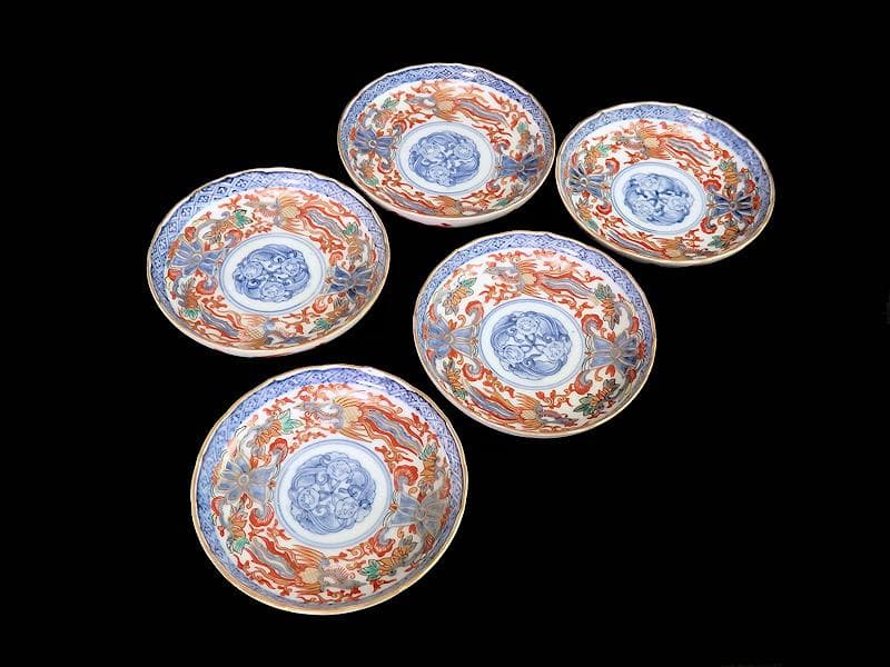 古伊万里　金襴手　鳳凰に花の図　４寸皿　５枚 　C237AS-COr