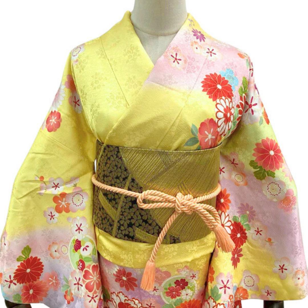 【お得品】 振袖セット 成人式 正絹 古典柄 振袖 黄色 S220 ●
