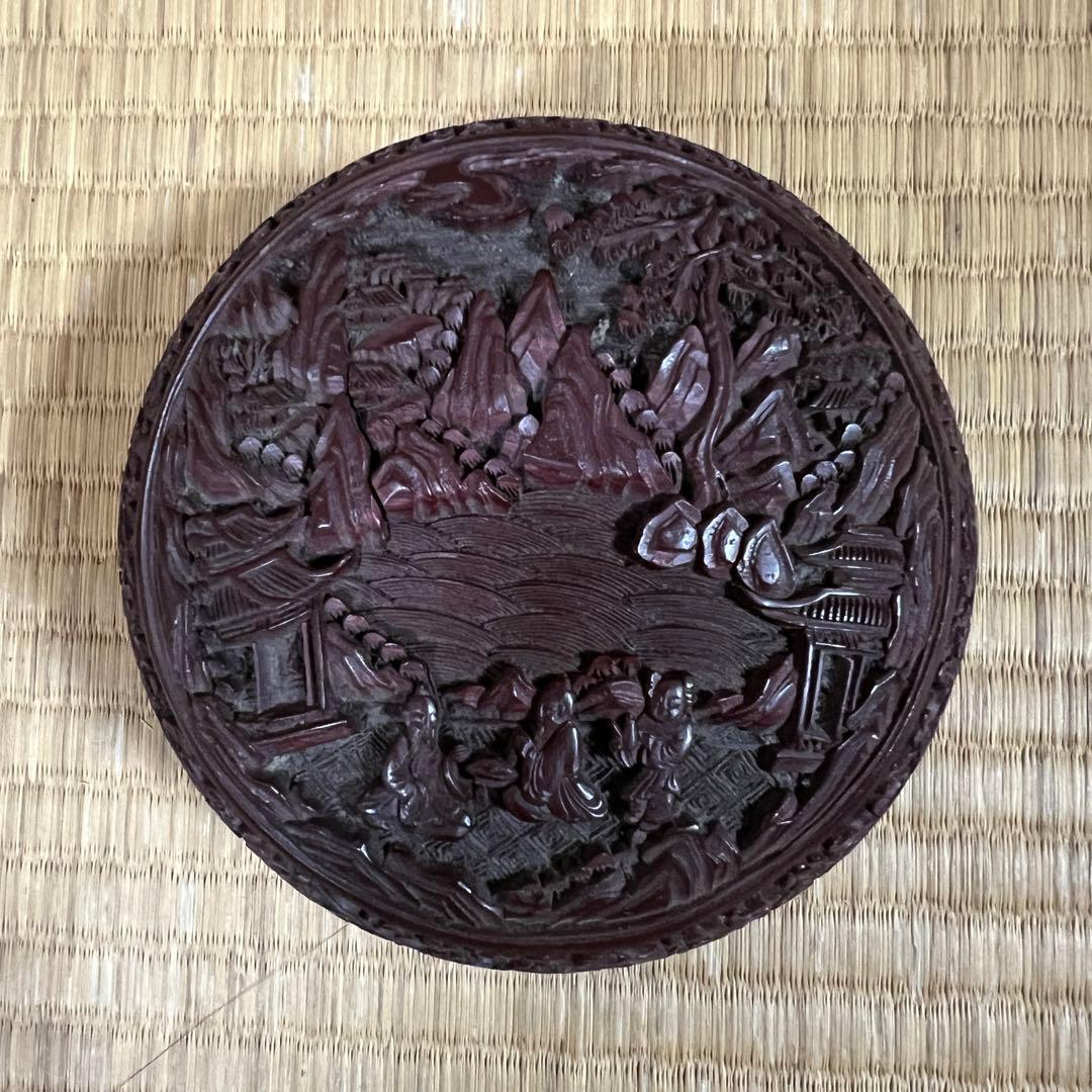 中国美術 堆朱 楼閣紋 サイズ　約　高さ6ｃｍ 幅 13ｃｍ