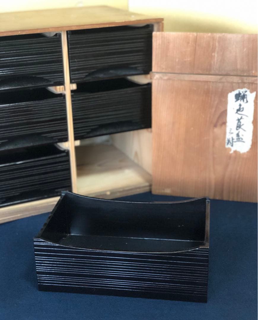 《R》茶道具 蝋色 莨盆6客 木製漆器 木箱　250805F4