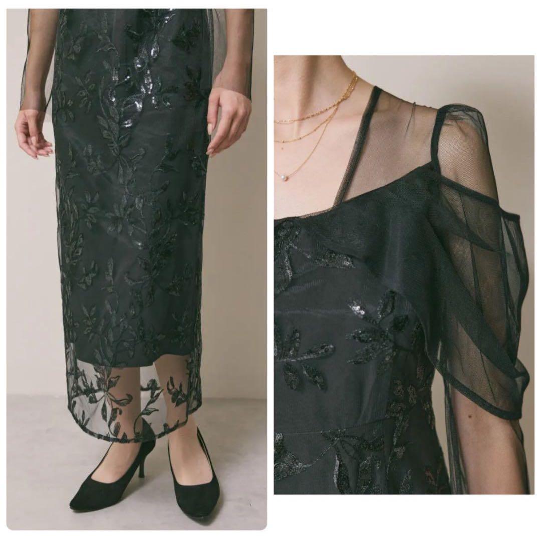 新品 Leja チュールロングスリーブリーフIラインドレスワンピース S 黒