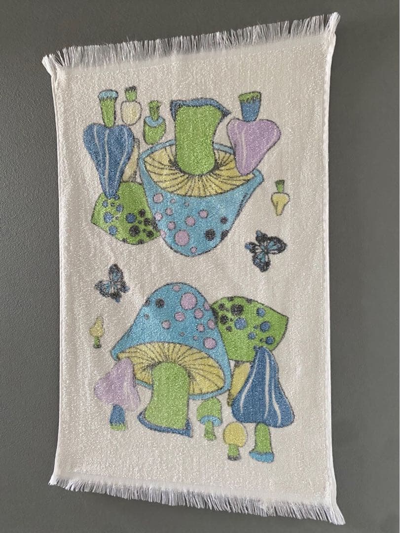 ビンテージ 70s USA きのこ 蝶々 レトロインテリア ハンカチ タオル 飾