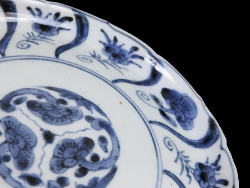 古伊万里　染付　なずな紋　霊芝紋の図　６寸皿　E611 AS-CQo