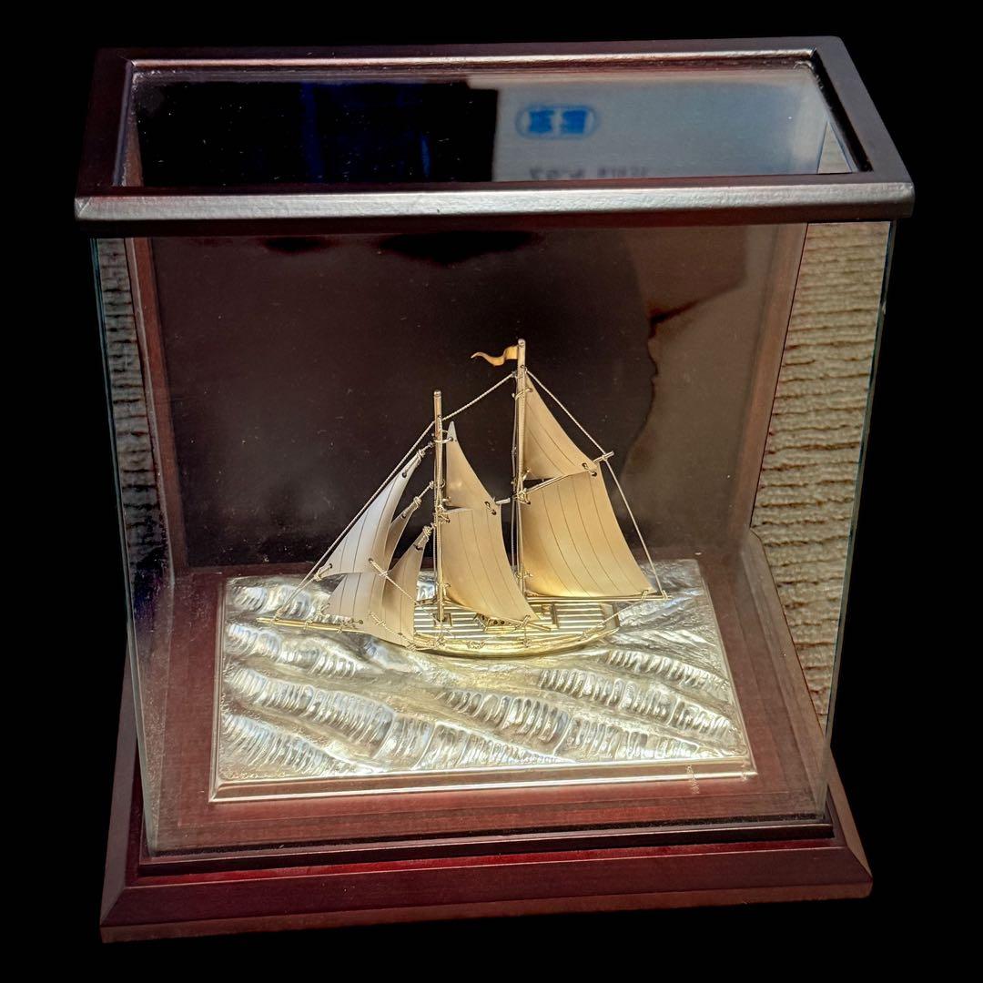 純銀シルバー985刻印/銀製ヨット2本マスト置物/オブジェ/銀船
