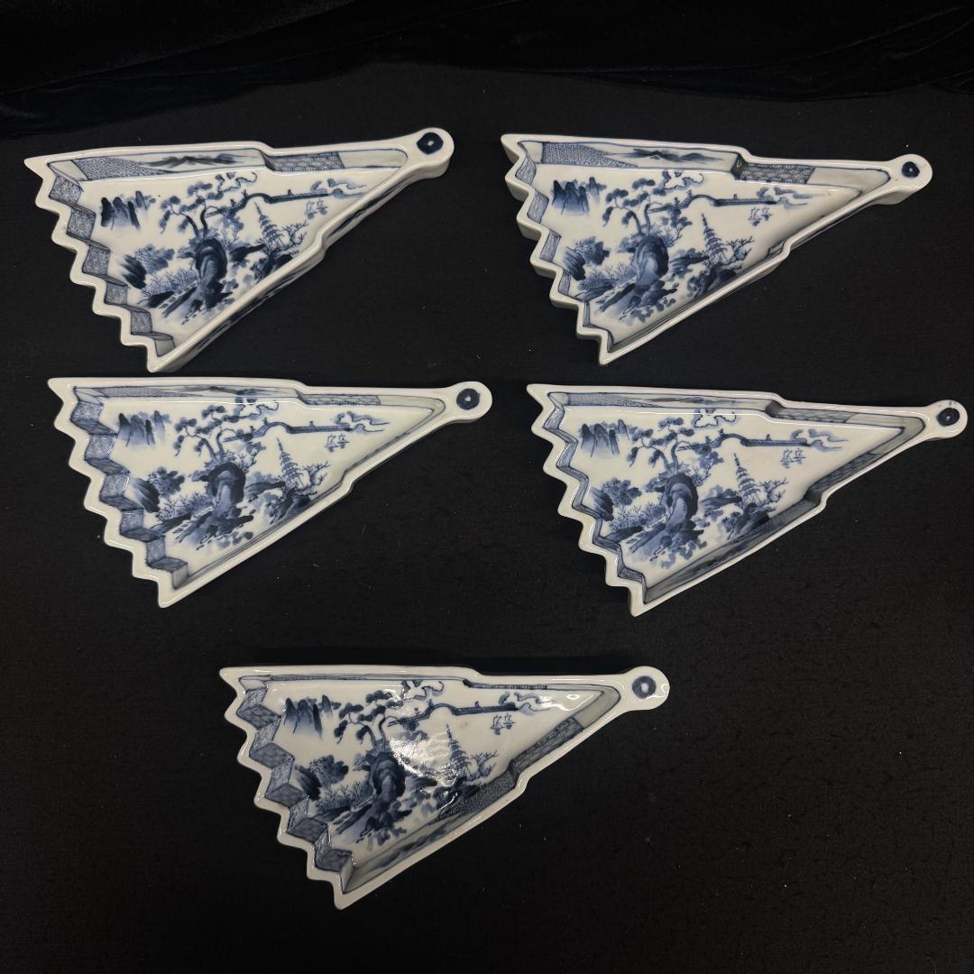 大日本永楽造　染付山水絵　半開き扇子型向付5点　骨董　アンティーク