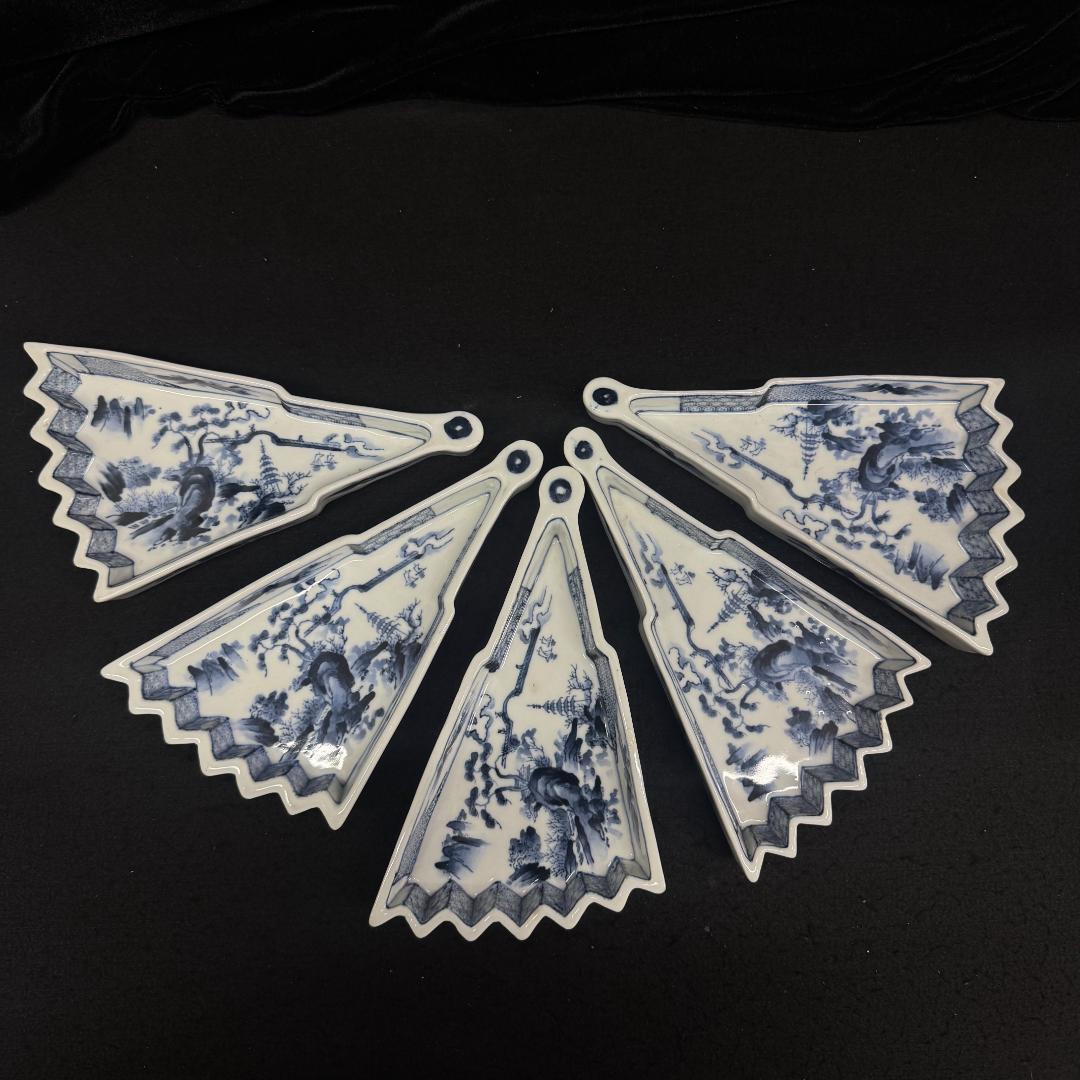 大日本永楽造　染付山水絵　半開き扇子型向付5点　骨董　アンティーク