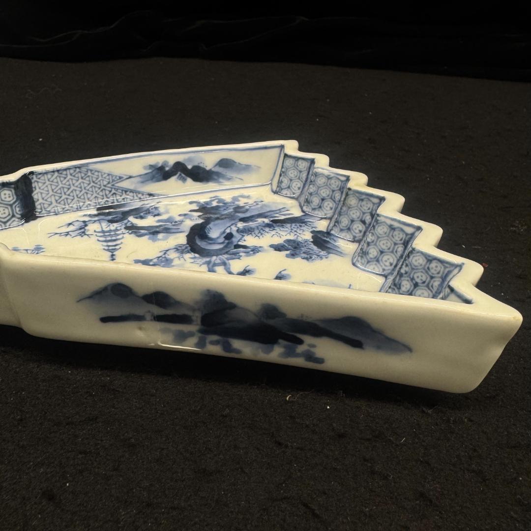 大日本永楽造　染付山水絵　半開き扇子型向付5点　骨董　アンティーク