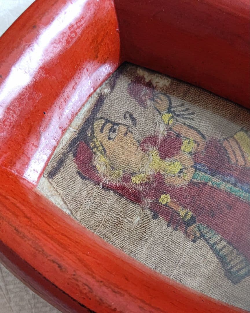 松崎融 朱漆 額縁 古布 民芸 民藝