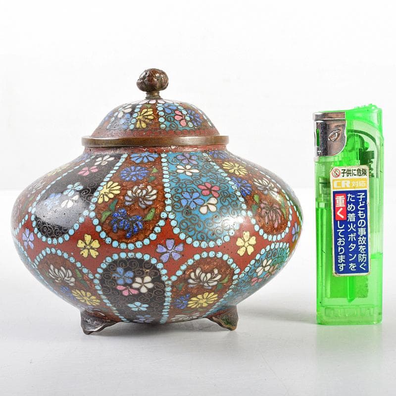 中国　古七宝琺瑯彩　花文　蓋物　D　R5798