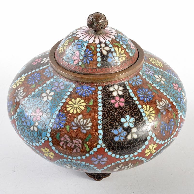中国　古七宝琺瑯彩　花文　蓋物　D　R5798