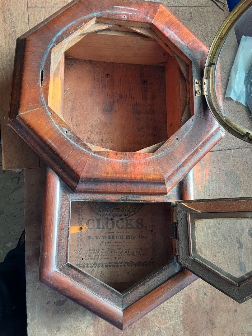 明治時代の八角形の柱掛時計、アメリカ製、機械式、ボンボン時計、調整済動作品