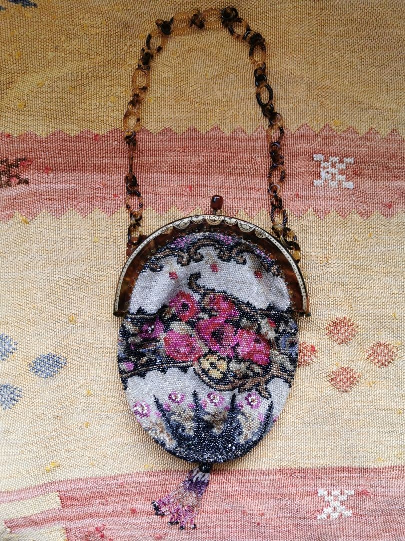 アンティーク マイクロベビービーズ花刺繍レース編巾着バッグ アールヌーボー