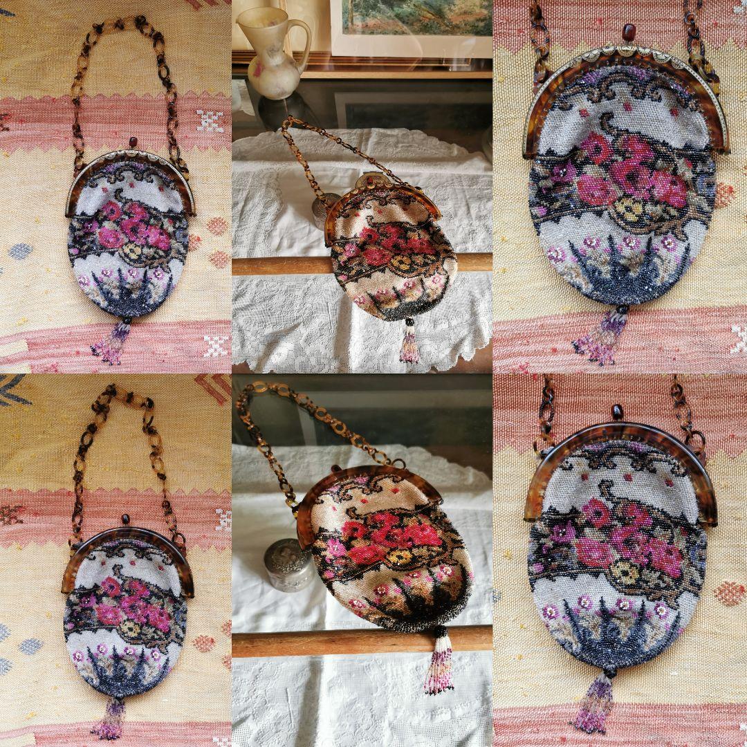 アンティーク マイクロベビービーズ花刺繍レース編巾着バッグ アールヌーボー