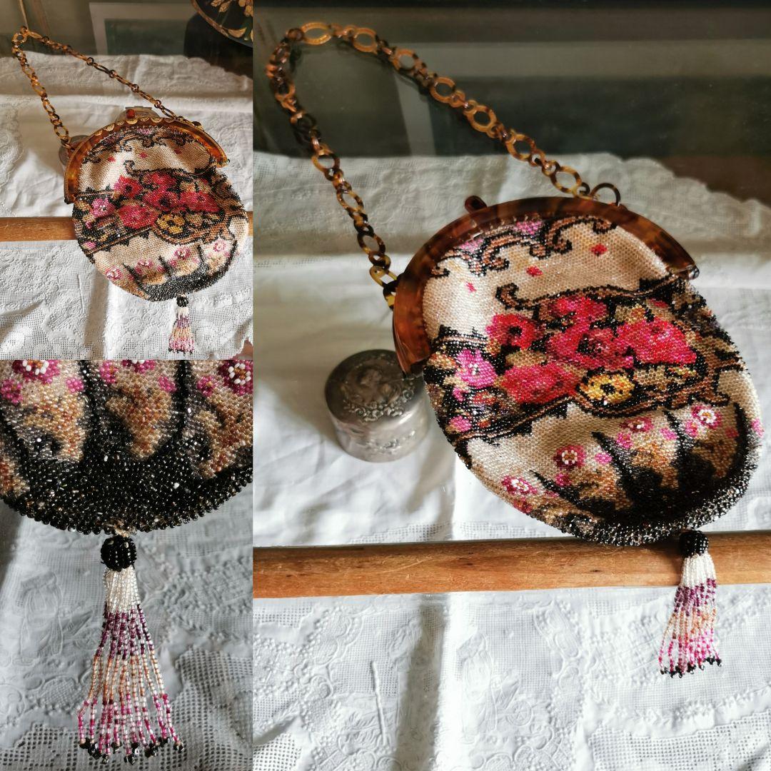アンティーク マイクロベビービーズ花刺繍レース編巾着バッグ アールヌーボー