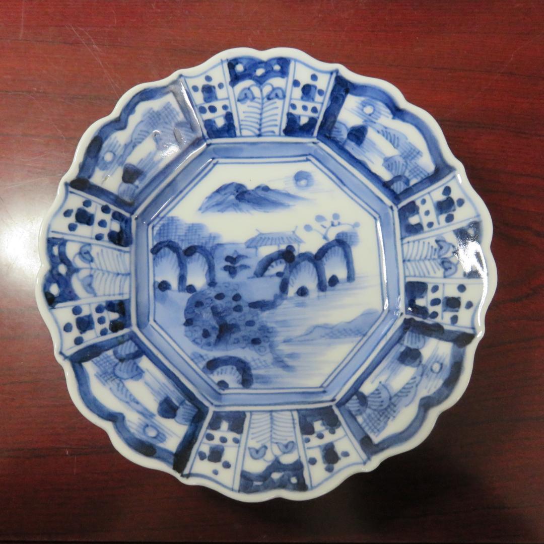染付 小皿 5枚 美品 山水 江戸 歪み 幾何学 唐草 銘