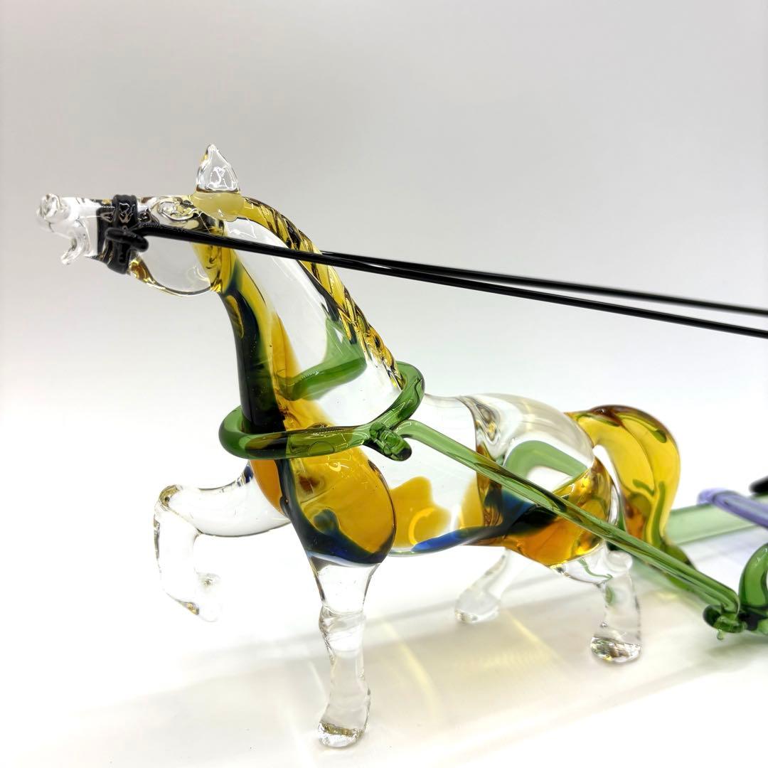 ガラス工芸 馬と騎手 ソリを操るオブジェ インテリア置物 ガラス細工