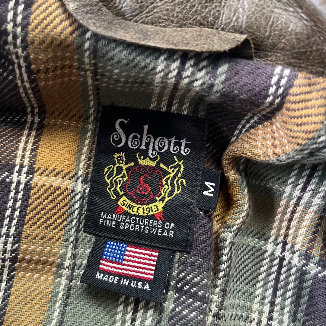 usa製 ショット レザージャケット 牛革 チェック 裏地 ブラウン 茶色 M