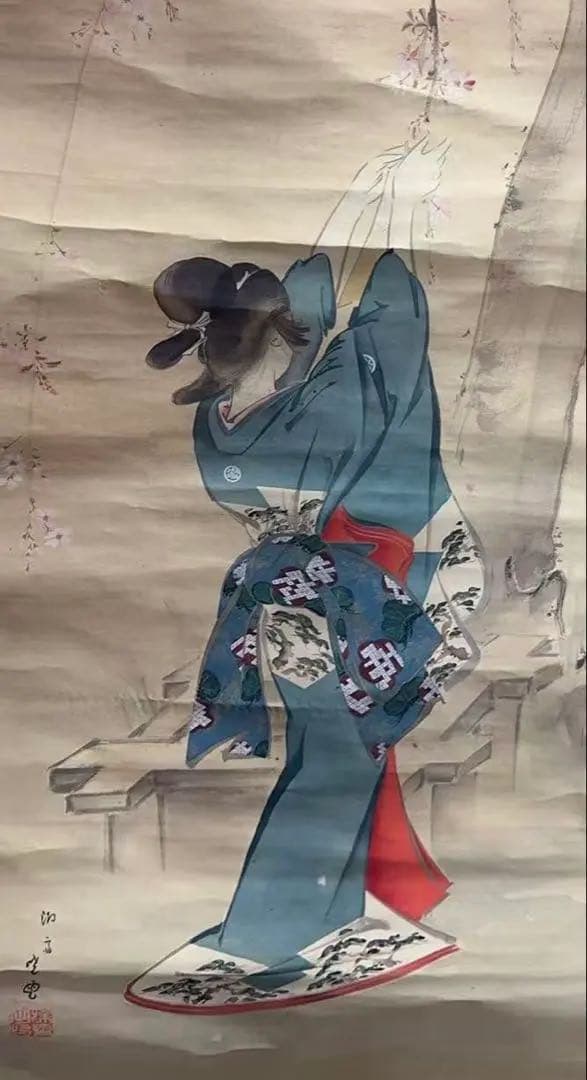 伝統的な日本の掛軸「桜を触る美人図」絹本 肉筆 共箱付き 掛け軸