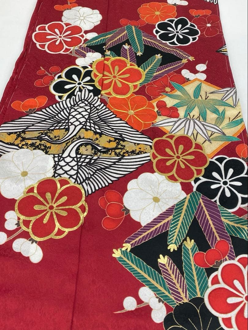 振袖 仮絵羽 舞台衣装 金駒 金彩 紋意匠 松竹梅に鶴 正絹 未仕立て品 八掛付