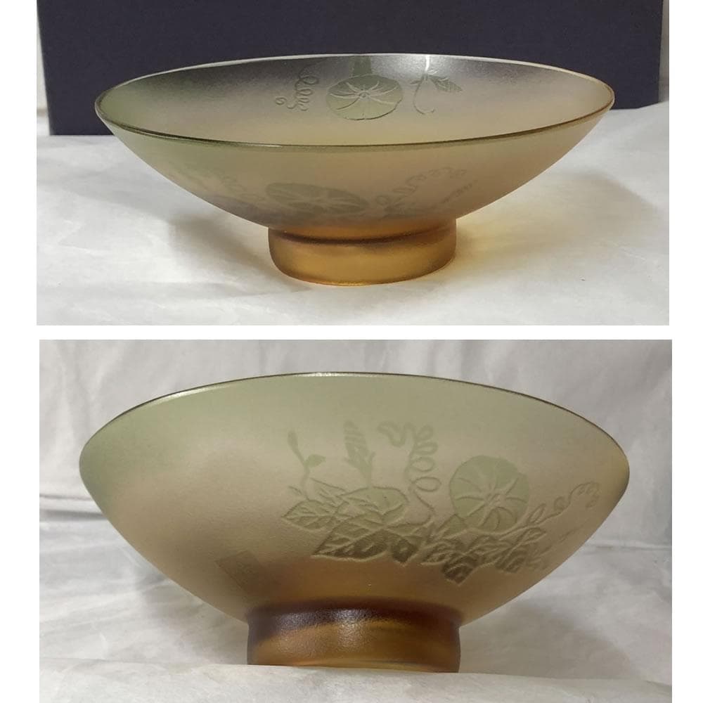 e2986 ガラス 平茶碗 在銘 朝顔図 アサガオ 抹茶碗 硝子 茶碗 茶道具